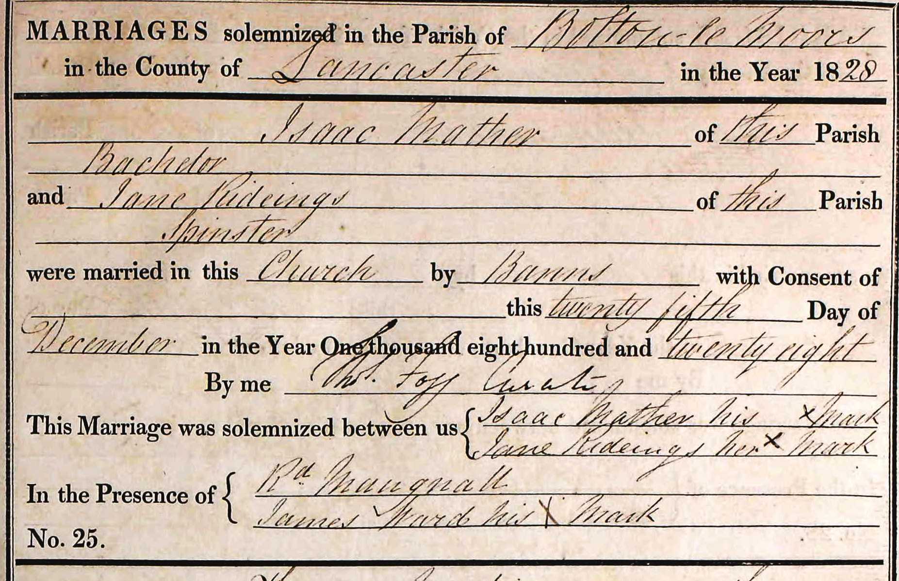 Taken on December 25th, 1828 and sourced from Certificate - Marriage.