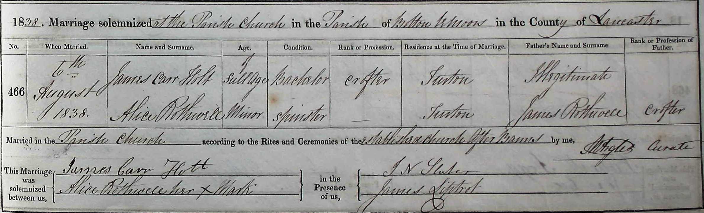 Taken on August 6th, 1838 and sourced from Certificate - Baptism.