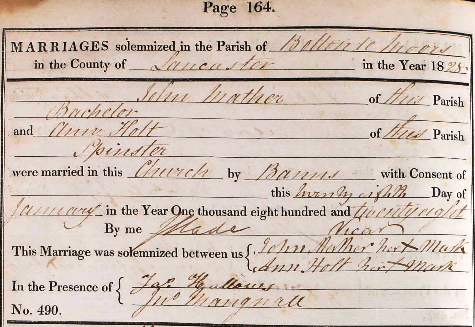 Taken on January 28th, 1828 and sourced from Certificate - Marriage.