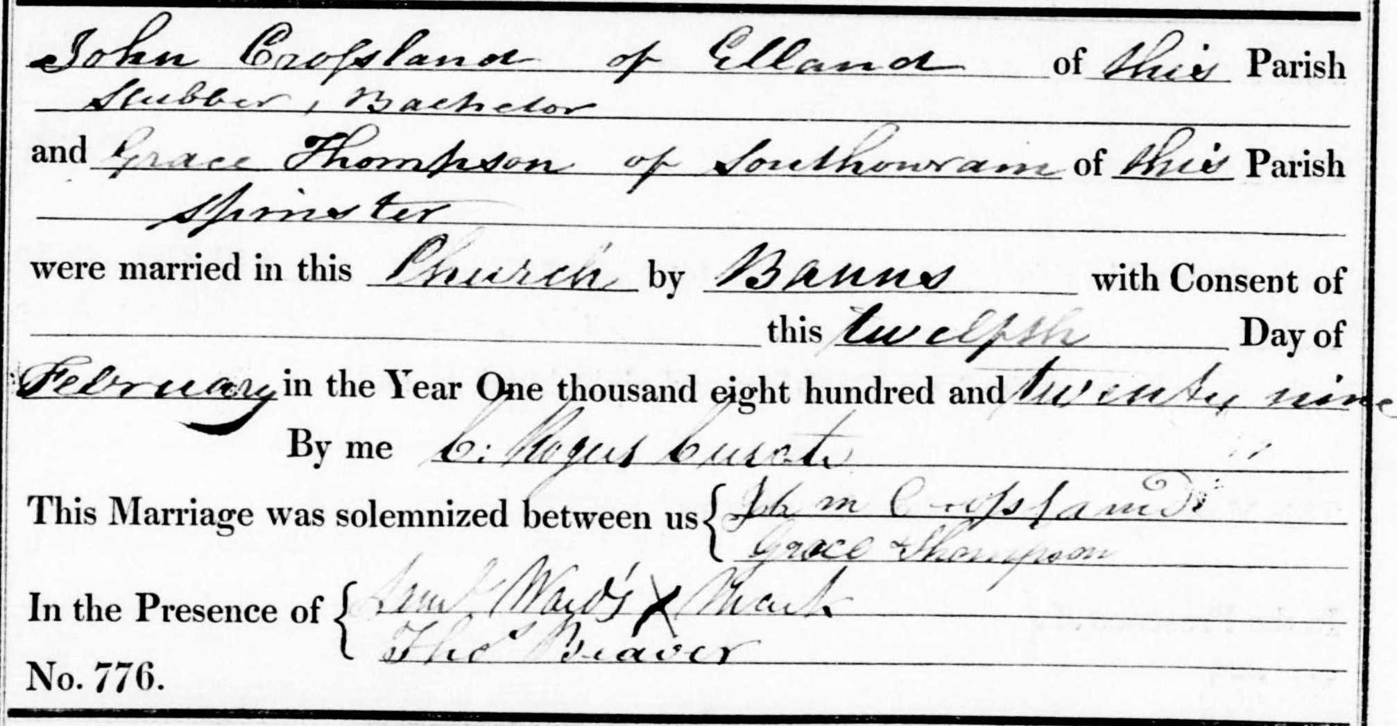 Taken on February 12th, 1829 and sourced from Certificate - Marriage.