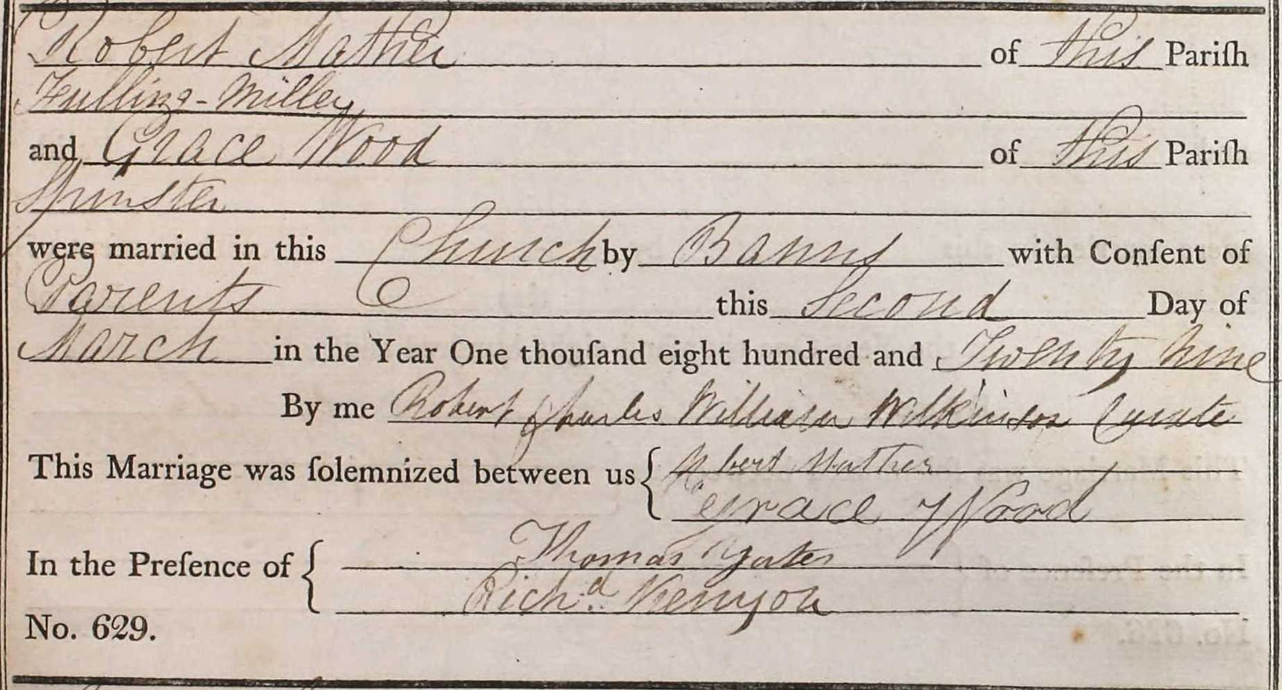 Taken in 1829 and sourced from Certificate - Marriage.