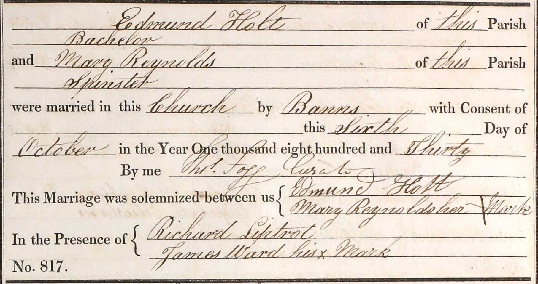 Taken on October 6th, 1830 and sourced from Certificate - Marriage.