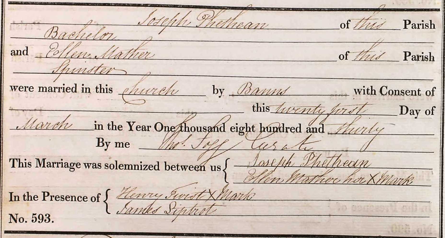 Taken on March 21st, 1830 and sourced from Certificate - Marriage.