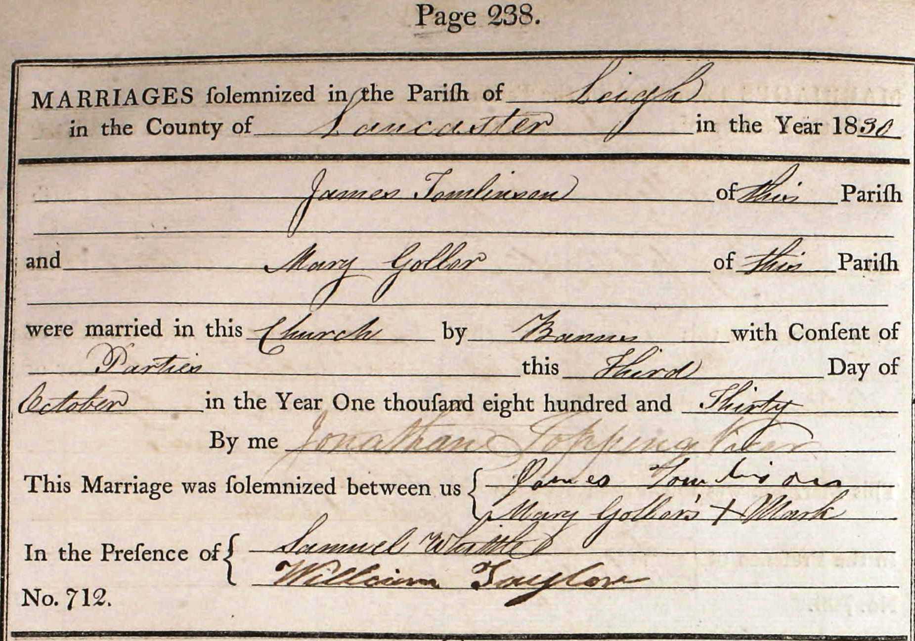 Taken on October 3rd, 1830 and sourced from Certificate - Marriage.