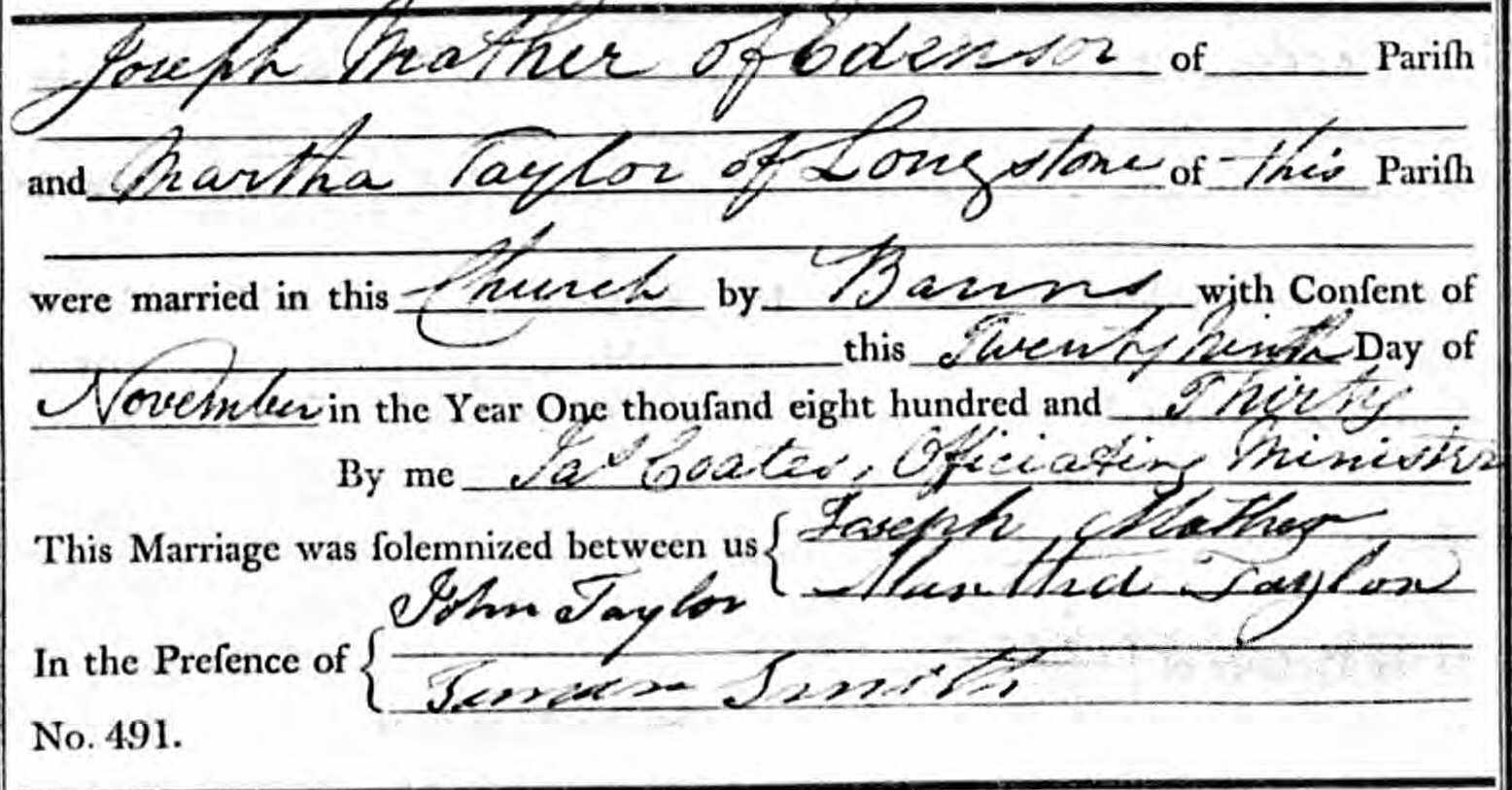 Taken on November 29th, 1830 and sourced from Certificate - Marriage.