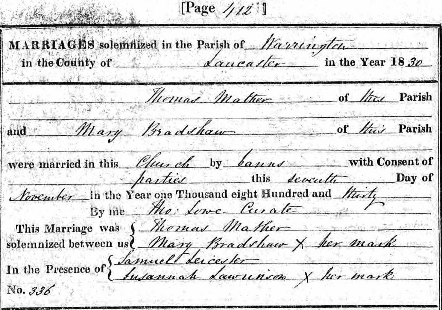 Taken on November 7th, 1830 and sourced from Certificate - Marriage.