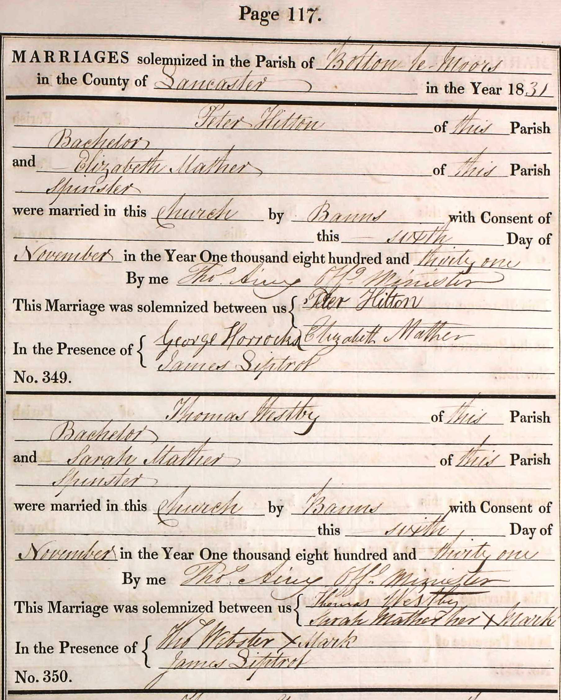 Taken on November 6th, 1831 and sourced from Certificate - Marriage.