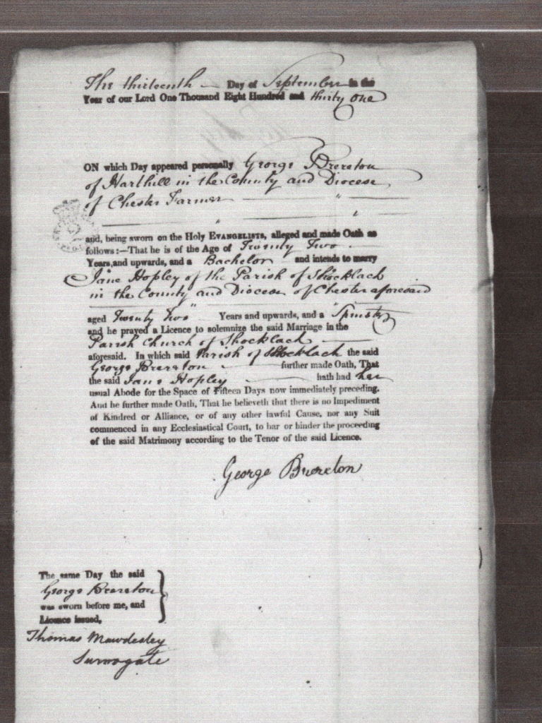 Taken on September 13th, 1831 and sourced from Certificate - Banns / License.