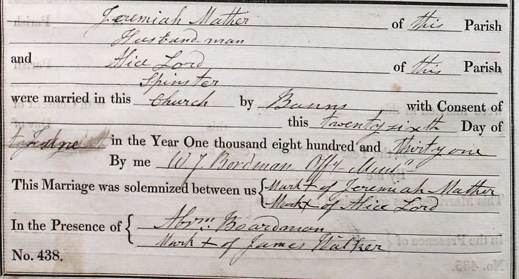 Taken on June 26th, 1831 and sourced from Certificate - Marriage.