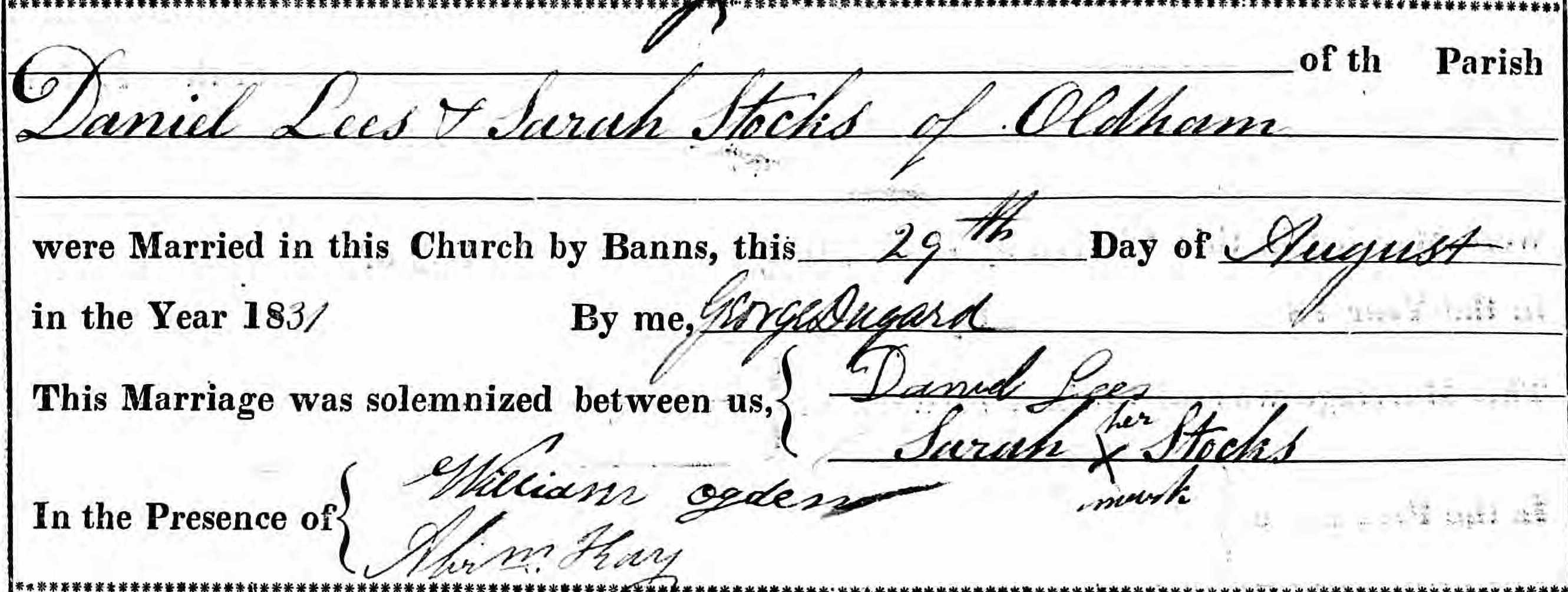 Taken on August 29th, 1831 and sourced from Certificate - Marriage.