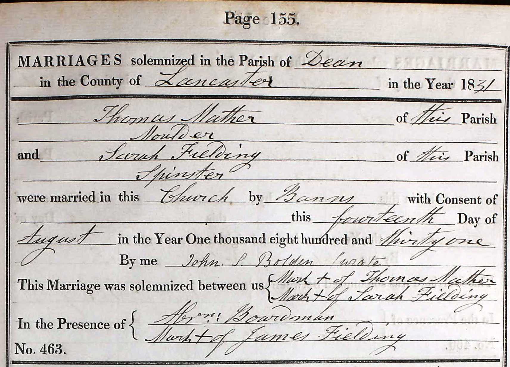 Taken on August 14th, 1831 and sourced from Certificate - Marriage.