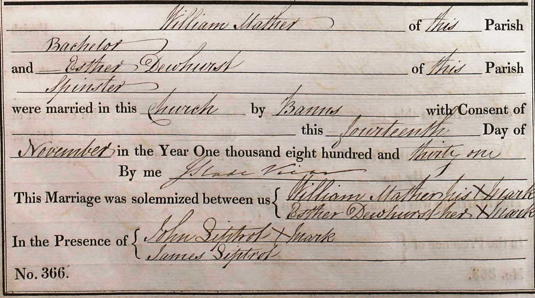 Taken on November 14th, 1831 and sourced from Certificate - Marriage.