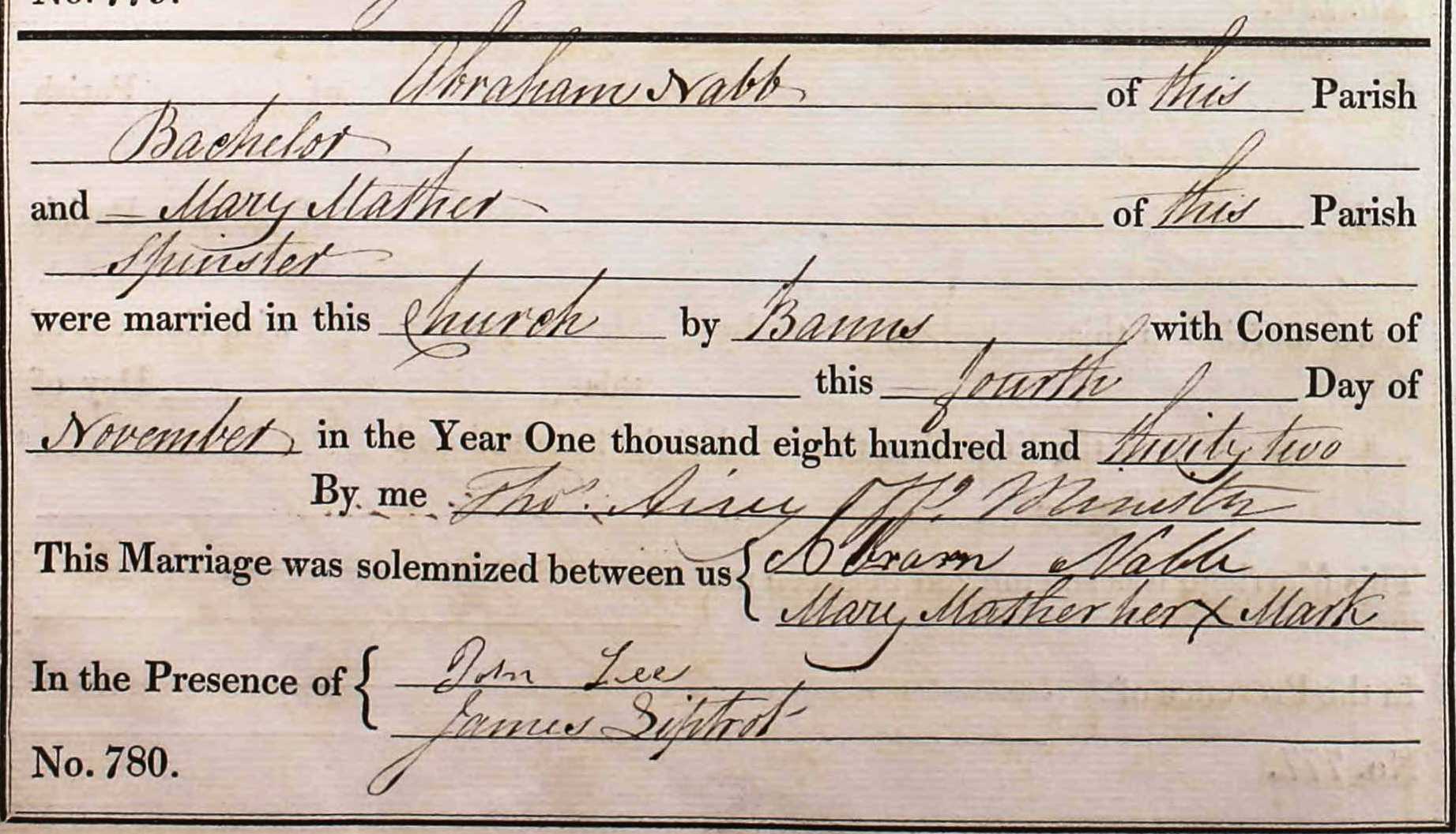 Taken on November 4th, 1832 and sourced from Certificate - Marriage.