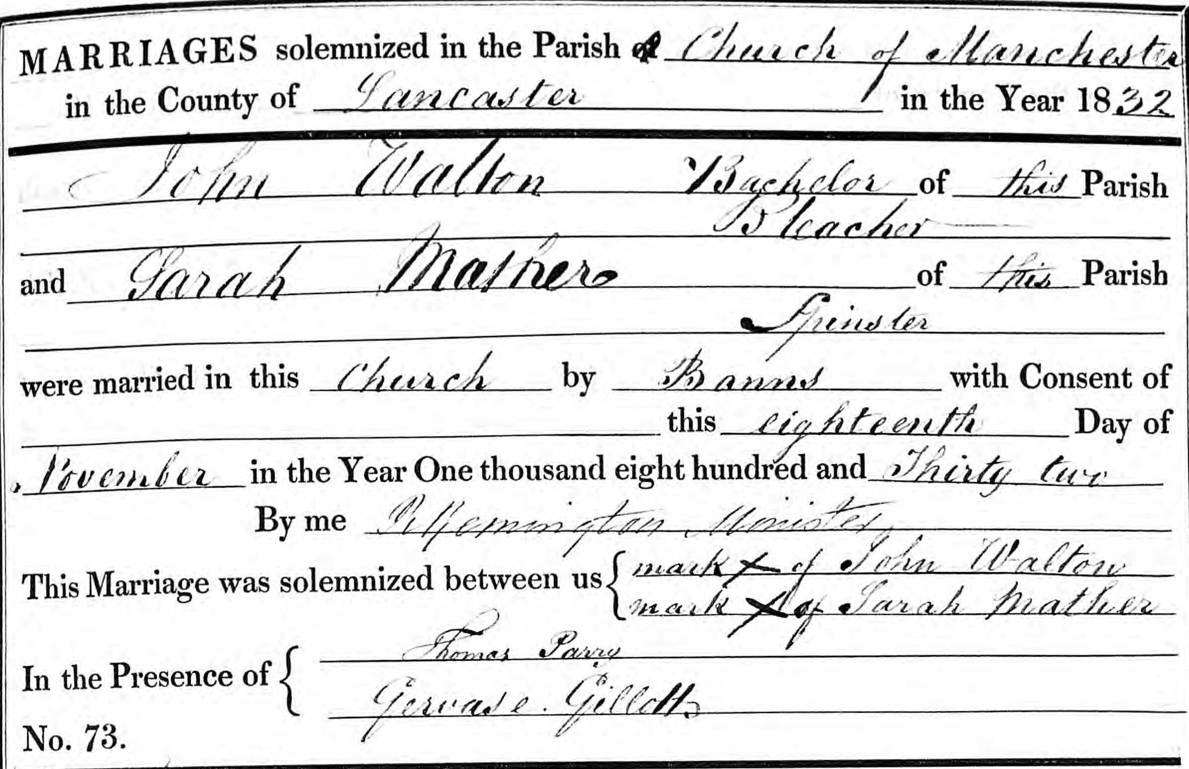 Taken on November 18th, 1832 and sourced from Certificate - Marriage.