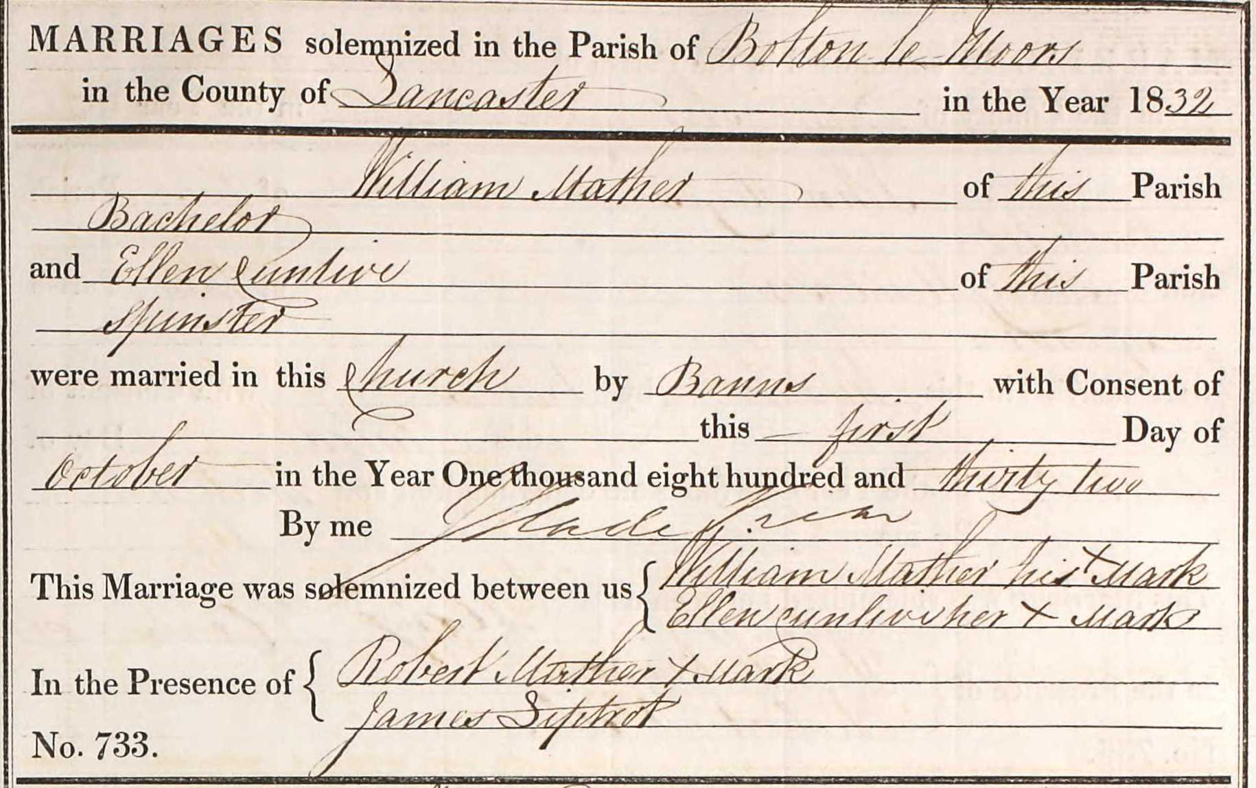 Taken in 1832 and sourced from Certificate - Marriage.