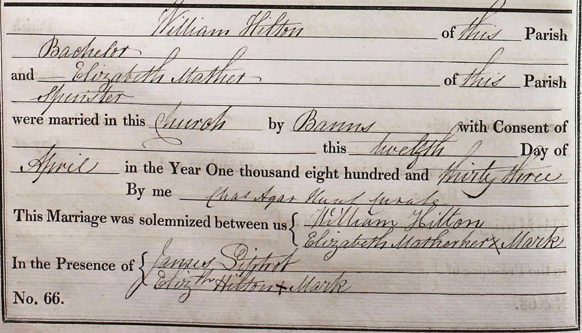 Taken on April 12th, 1833 and sourced from Certificate - Marriage.