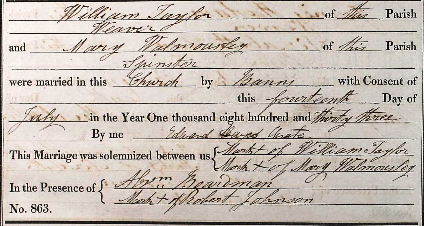 Taken on July 14th, 1833 and sourced from Certificate - Marriage.