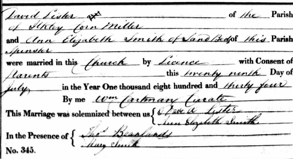 Taken on July 29th, 1834 and sourced from Certificate - Marriage.