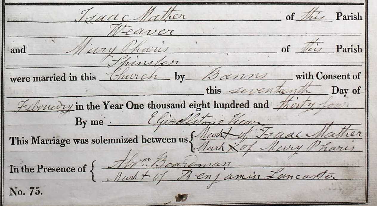 Taken on February 17th, 1834 and sourced from Deane Parish Marriage Index.