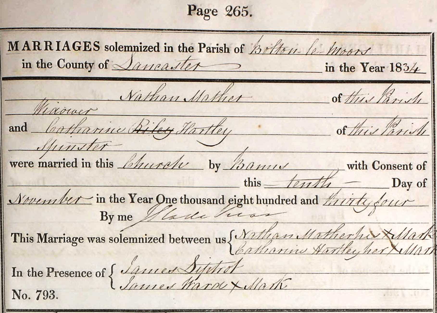 Taken on November 10th, 1834 and sourced from Certificate - Marriage.