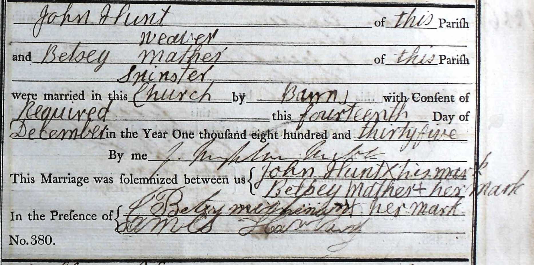 Taken on December 14th, 1835 and sourced from Certificate - Marriage.