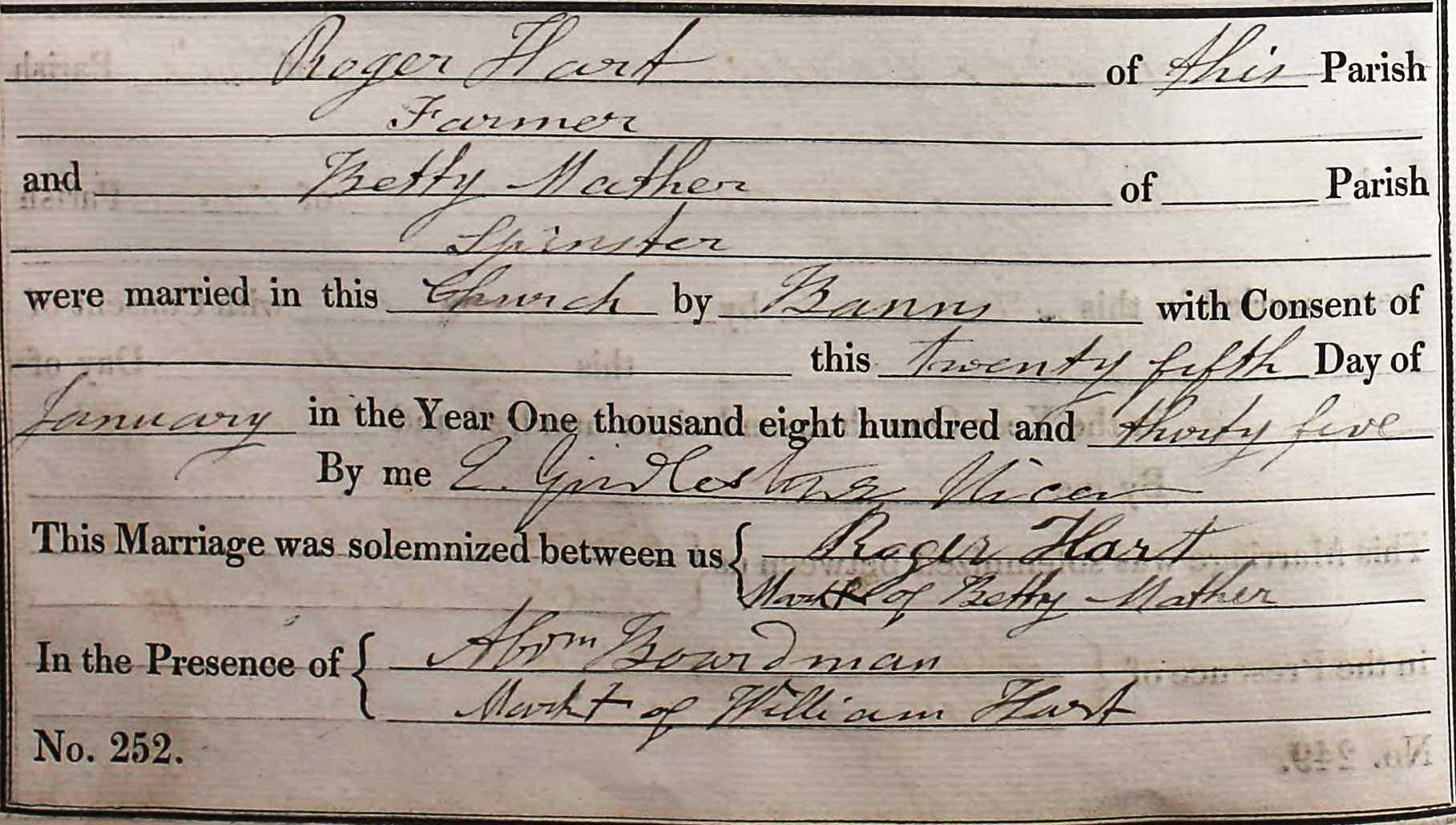 Taken on January 25th, 1835 and sourced from Certificate - Marriage.