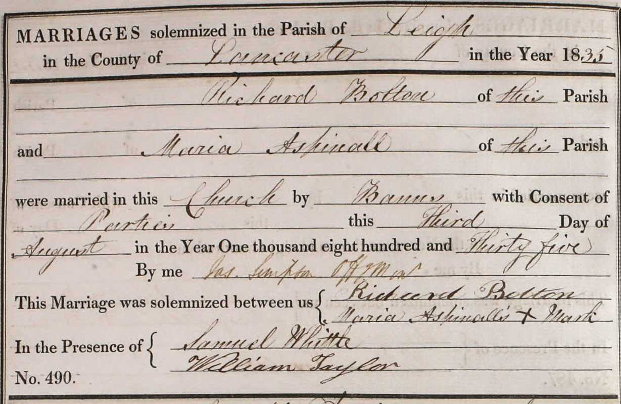 Taken on August 3rd, 1835 and sourced from Certificate - Marriage.