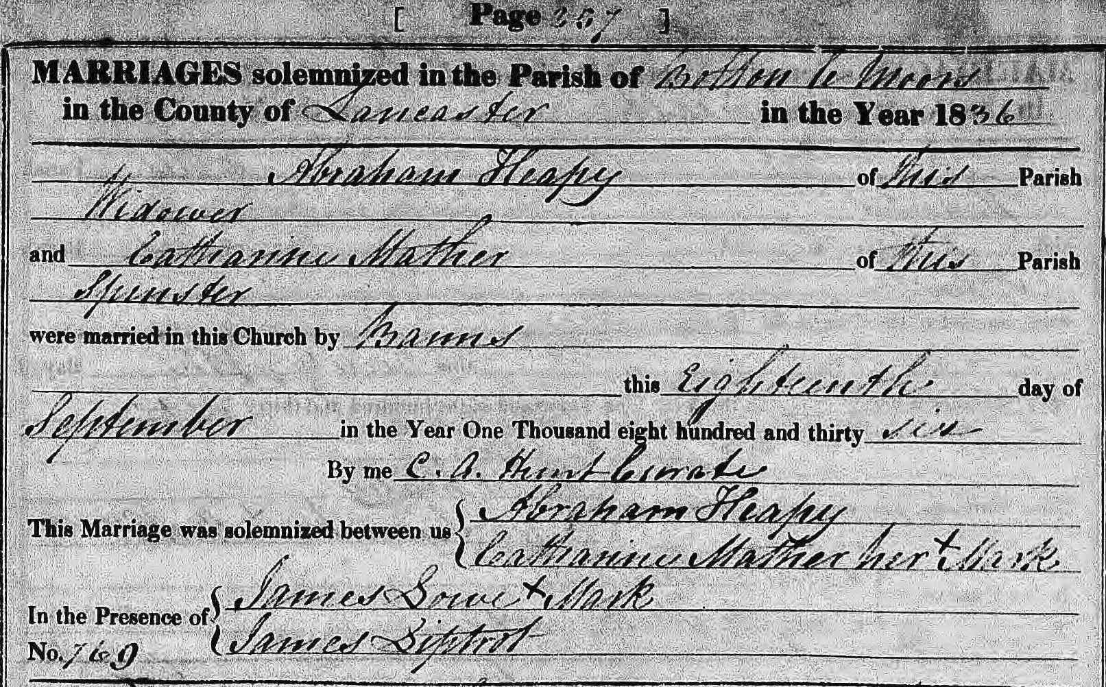 Taken on September 18th, 1836 and sourced from Certificate - Marriage.