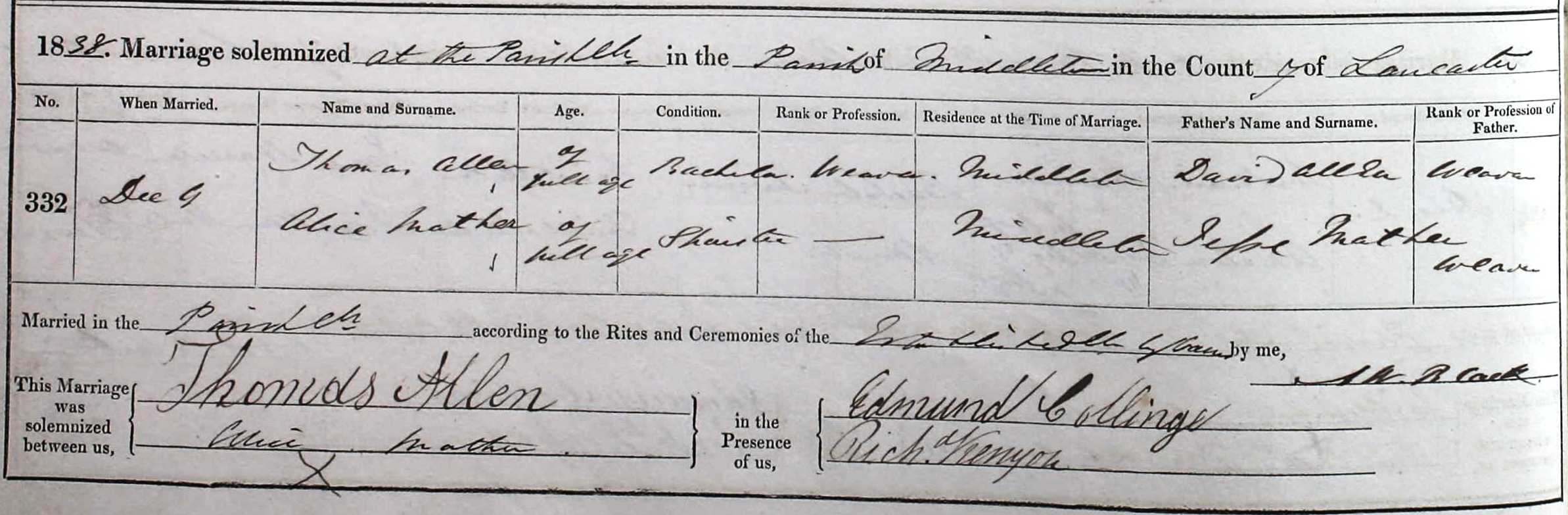 Taken on December 9th, 1838 and sourced from Certificate - Marriage.