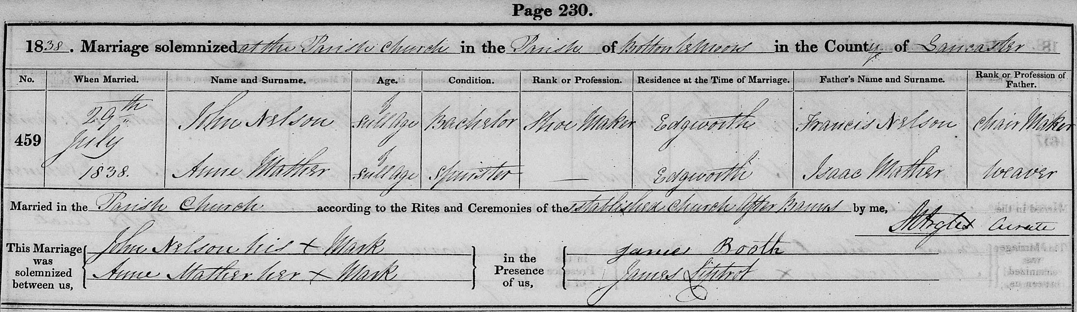 Taken on July 29th, 1838 and sourced from Certificate - Marriage.