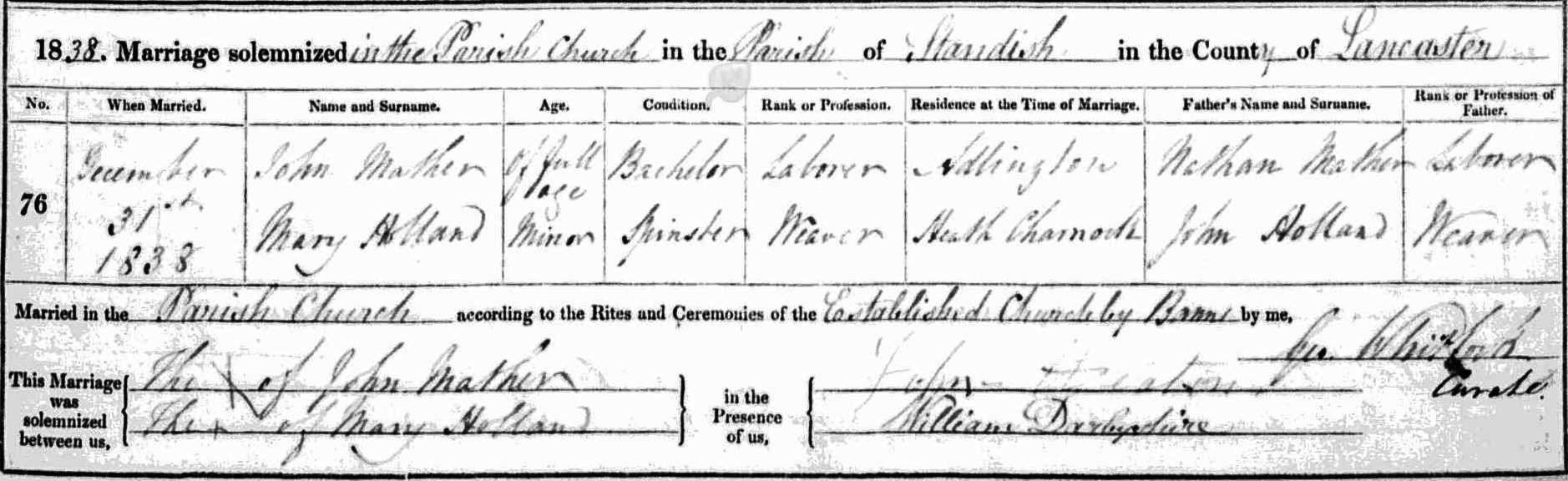 Taken on December 31st, 1838 and sourced from Certificate - Marriage.