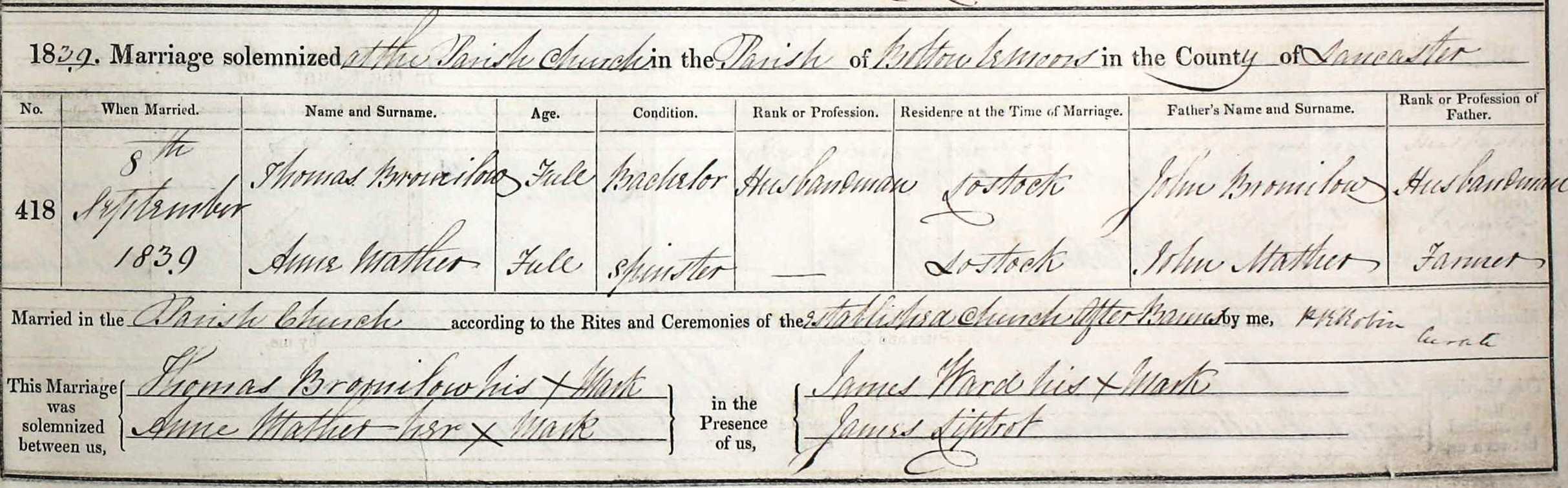 Taken on September 8th, 1839 and sourced from Certificate - Marriage.