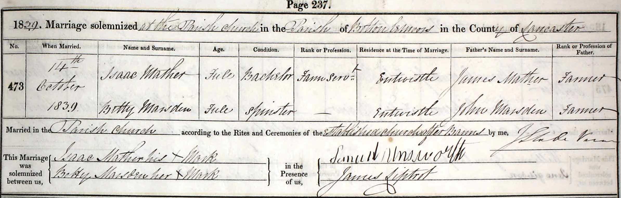 Taken on October 14th, 1839 and sourced from Certificate - Marriage.