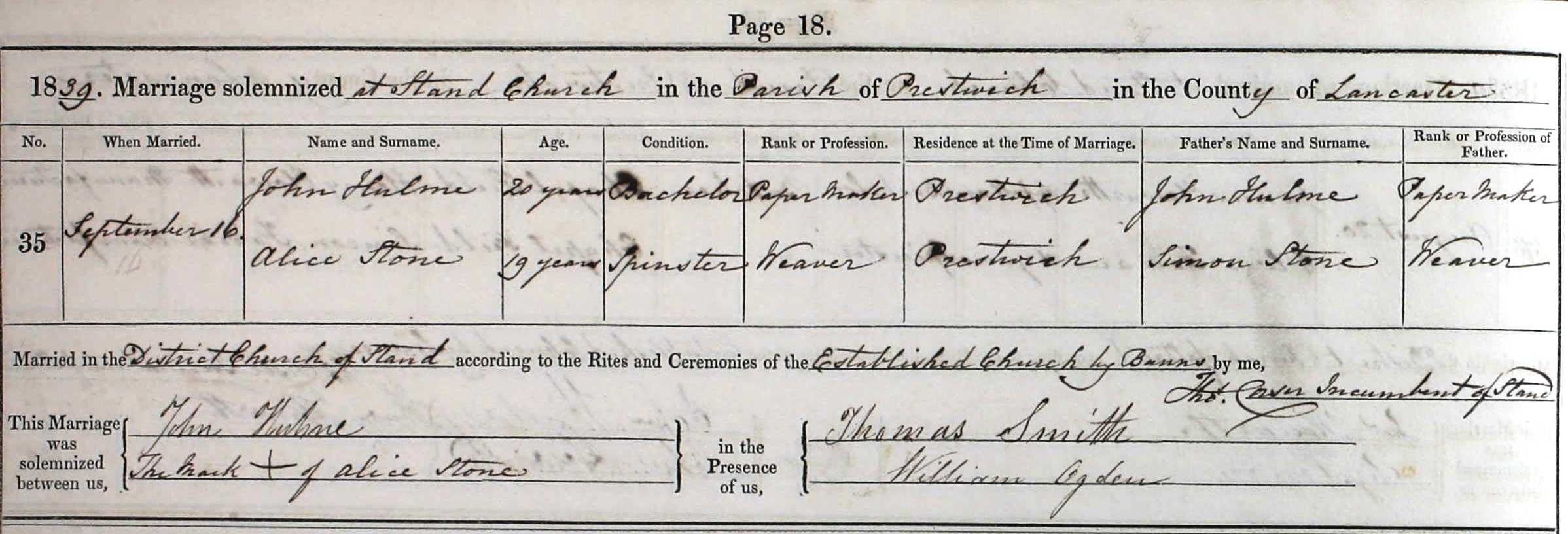 Taken on September 16th, 1839 and sourced from Certificate - Marriage.