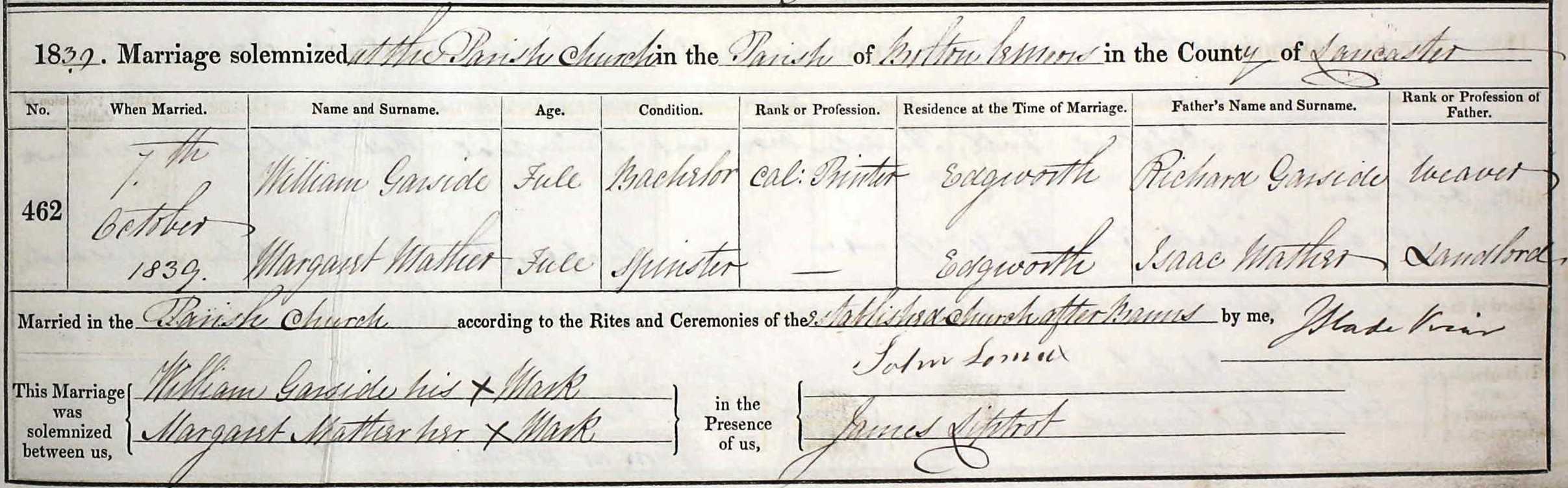 Taken on October 7th, 1839 and sourced from Certificate - Marriage.