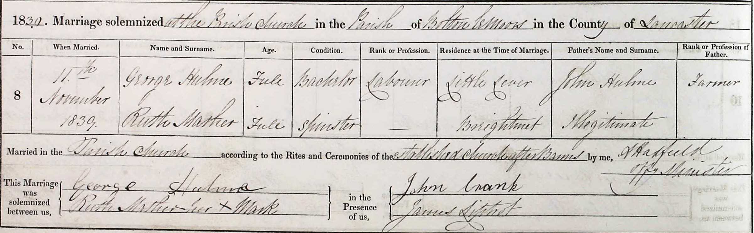 Taken on November 11th, 1839 and sourced from Certificate - Marriage.