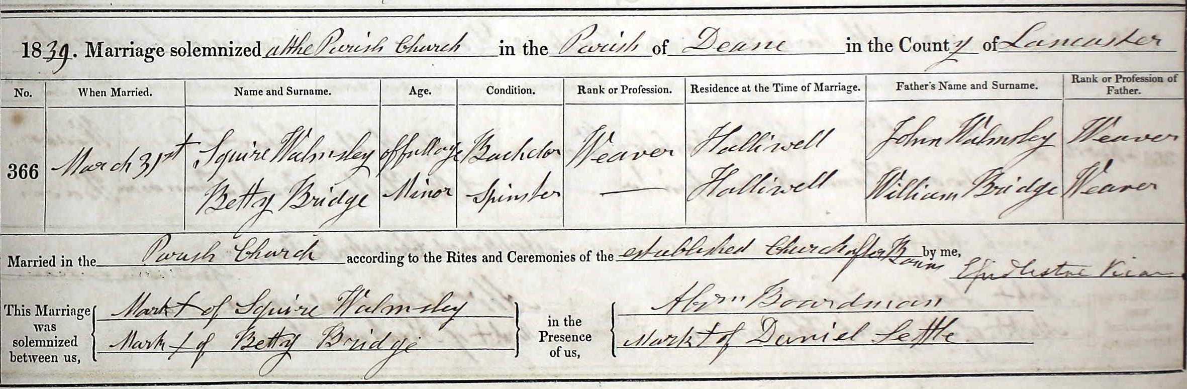 Taken on March 31st, 1839 and sourced from Certificate - Marriage.