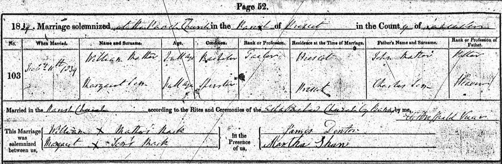 Taken on February 11th, 1839 and sourced from Certificate - Marriage.