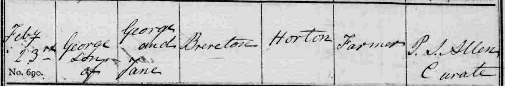 Taken on February 23rd, 1840 in Horton and sourced from Certificate - Baptism.