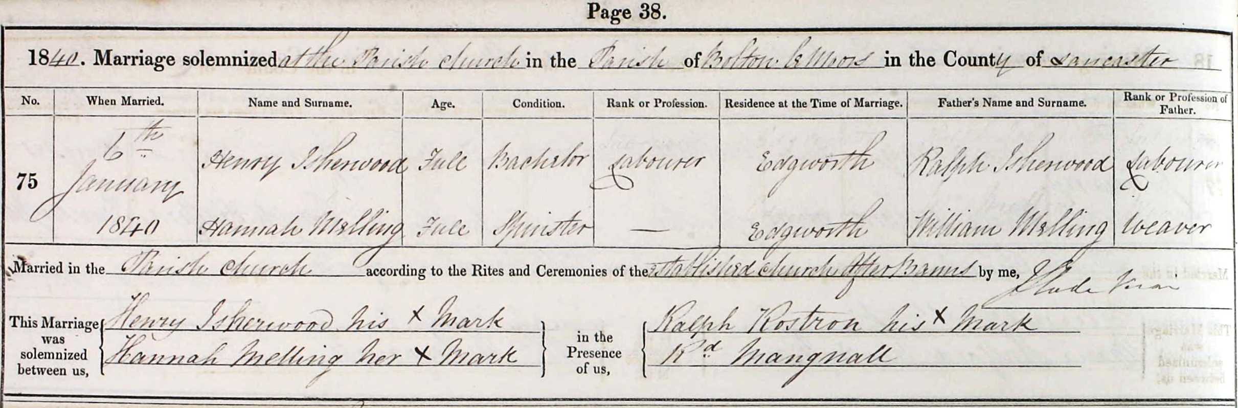 Taken on January 6th, 1840 and sourced from Certificate - Marriage.