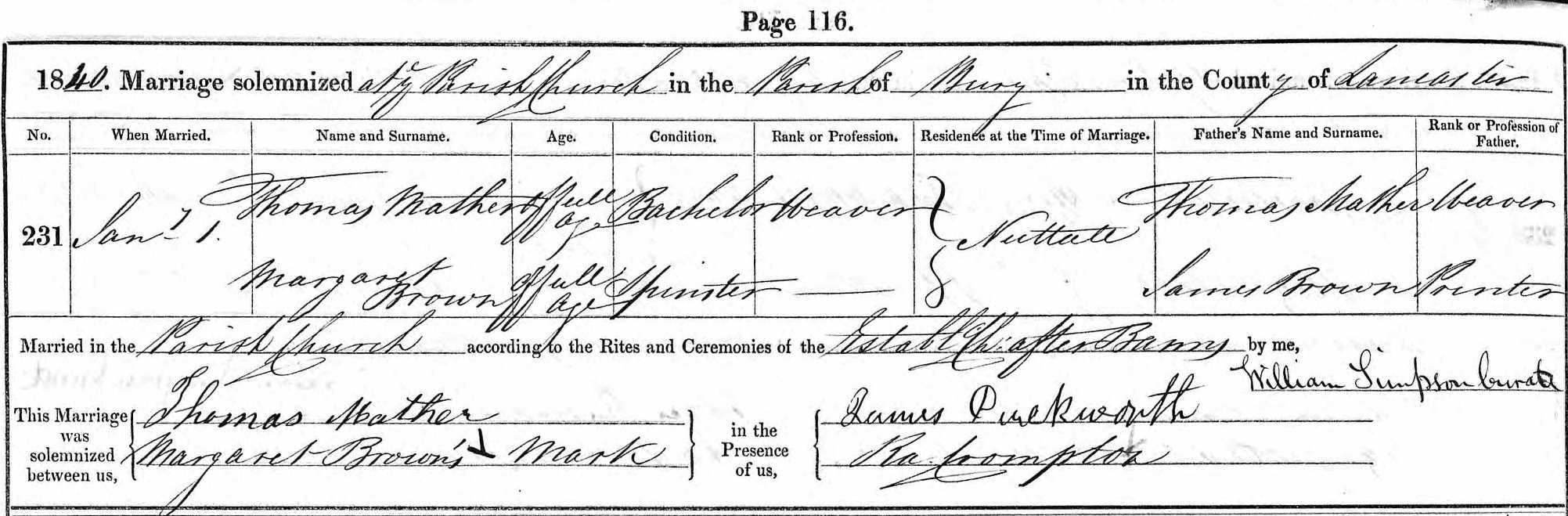 Taken on January 1st, 1840 and sourced from Certificate - Marriage.