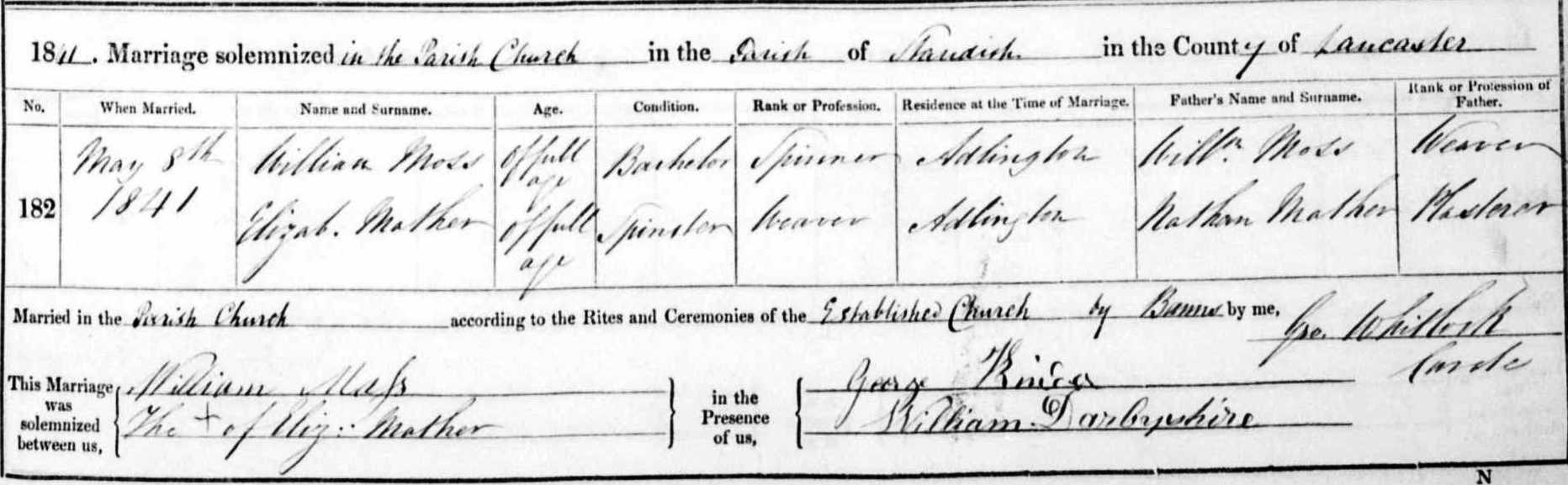 Taken on May 8th, 1841 and sourced from Certificate - Marriage.