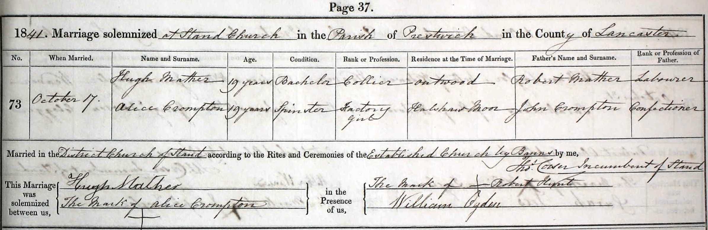 Taken on October 17th, 1841 and sourced from Certificate - Marriage.