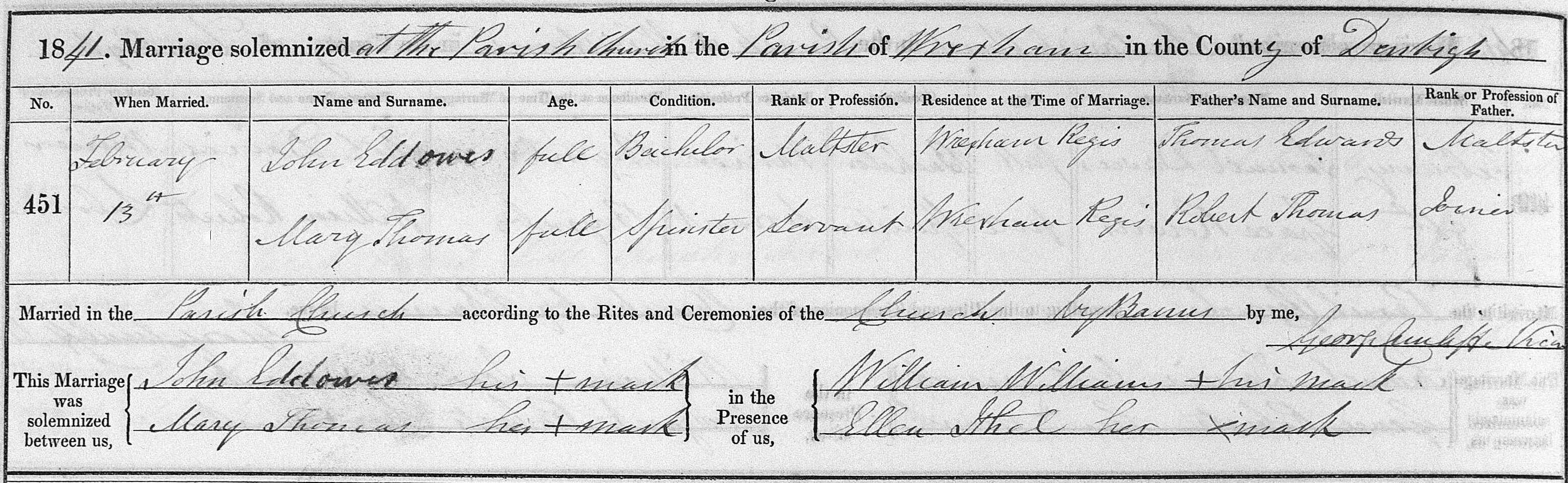 Taken on February 13th, 1841 in Wrexham and sourced from Certificate - Marriage.