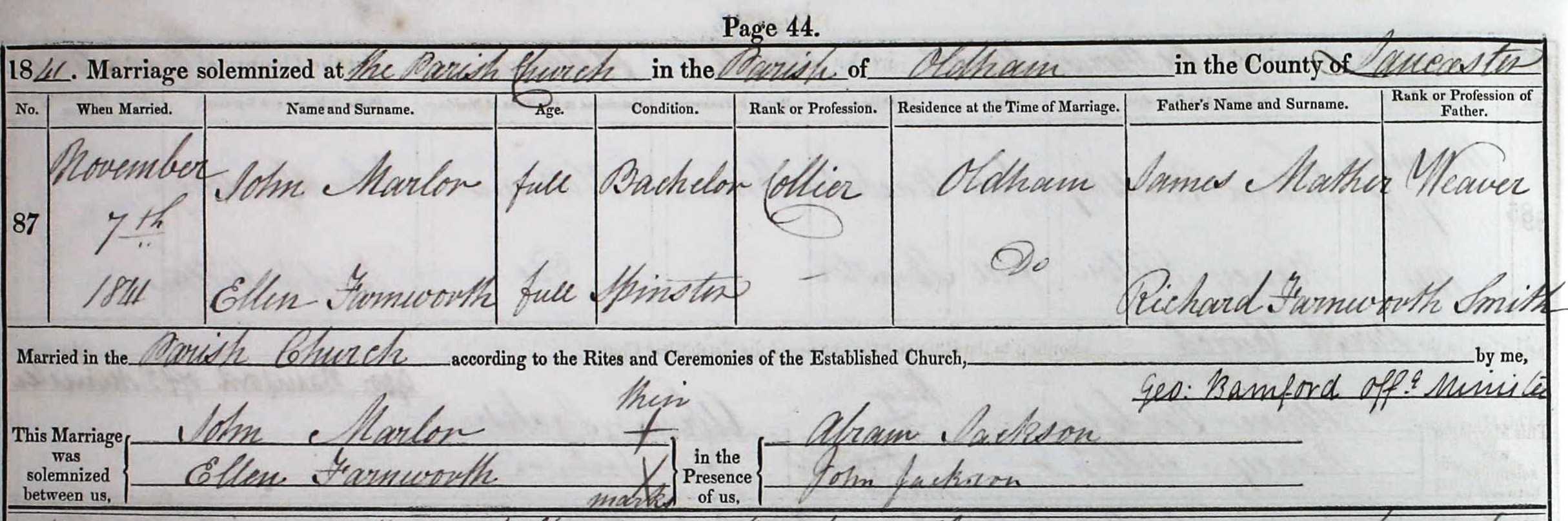 Taken on November 7th, 1841 and sourced from Certificate - Marriage.