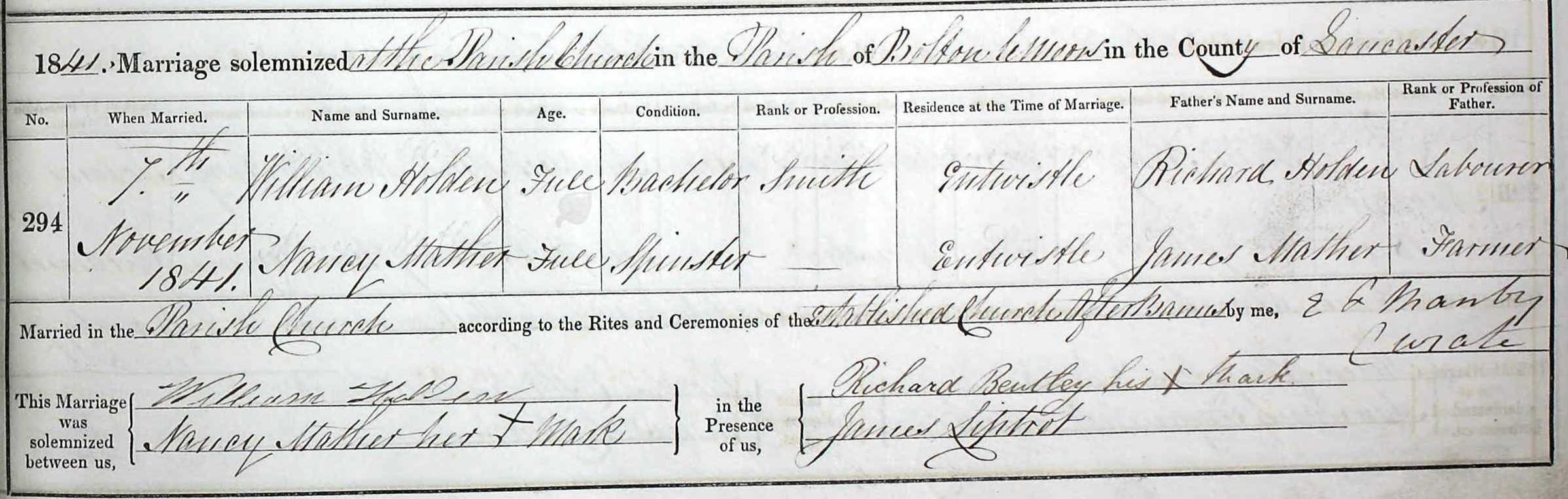 Taken on November 7th, 1841 and sourced from Certificate - Marriage.