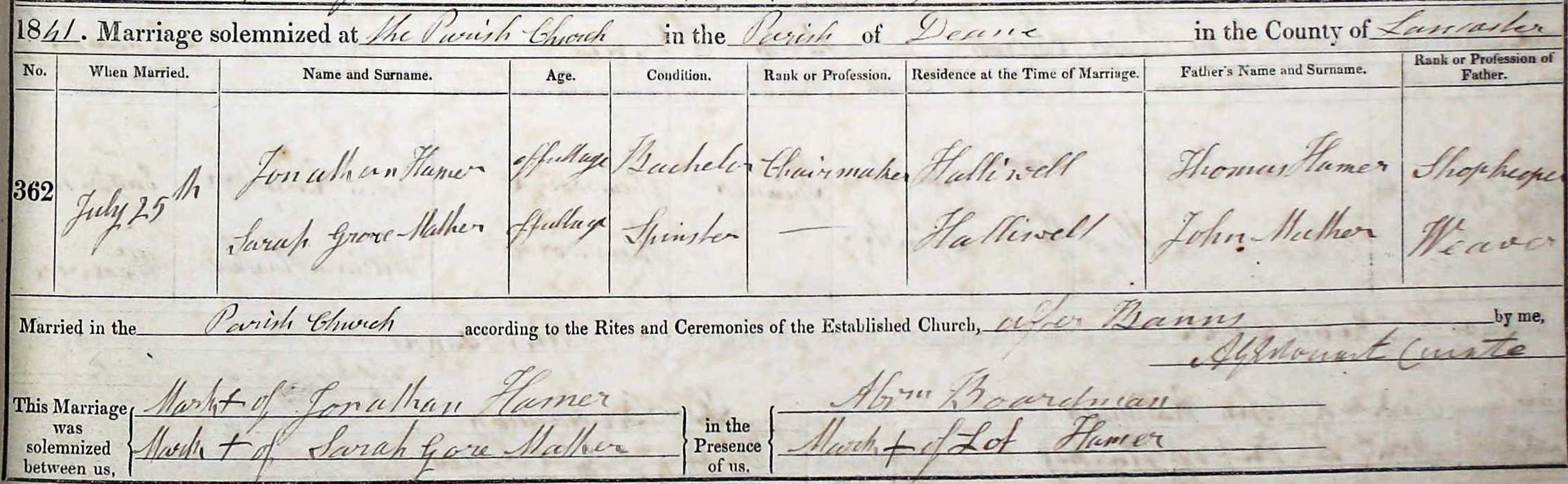 Taken on July 25th, 1841 and sourced from Certificate - Marriage.