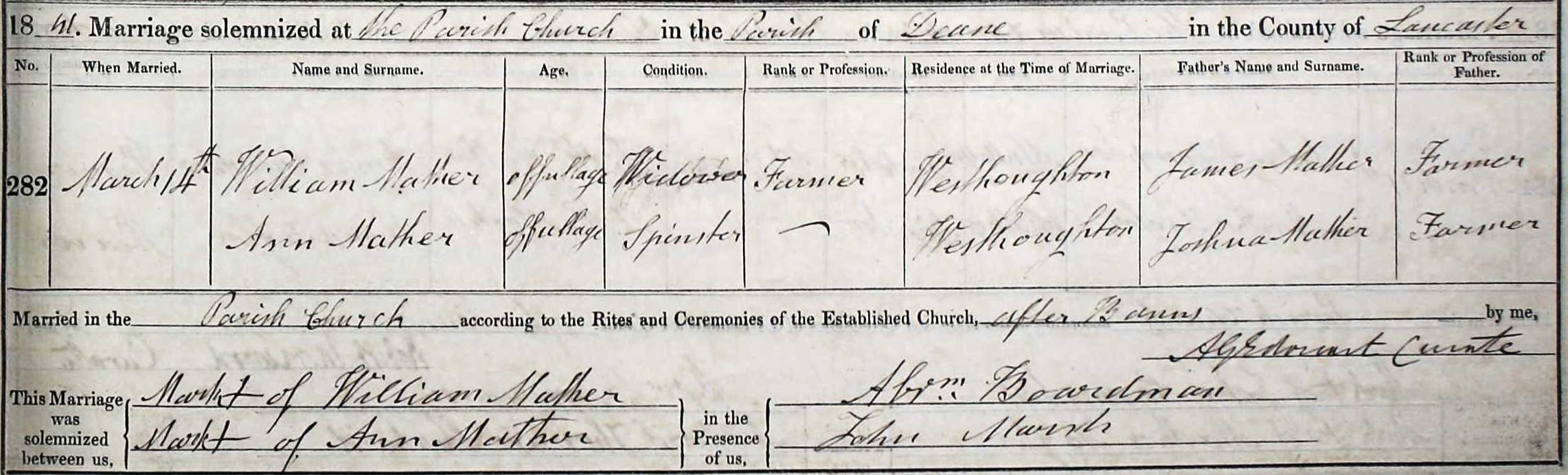 Taken on March 14th, 1841 and sourced from Certificate - Marriage.