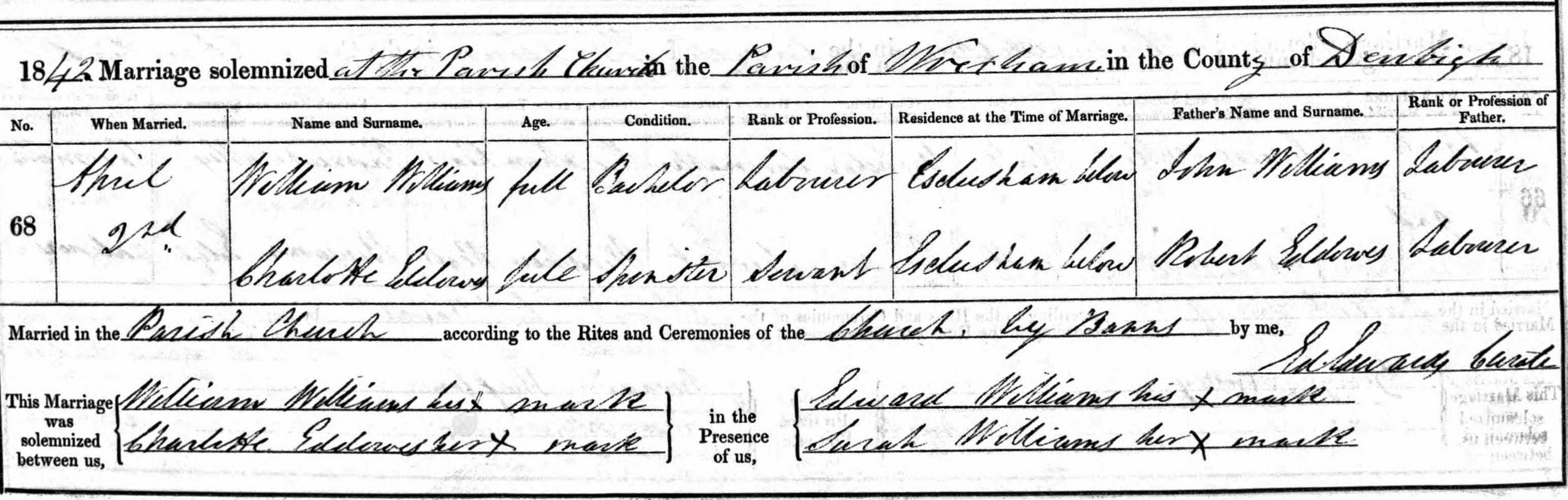 Taken on April 2nd, 1842 and sourced from Certificate - Marriage.