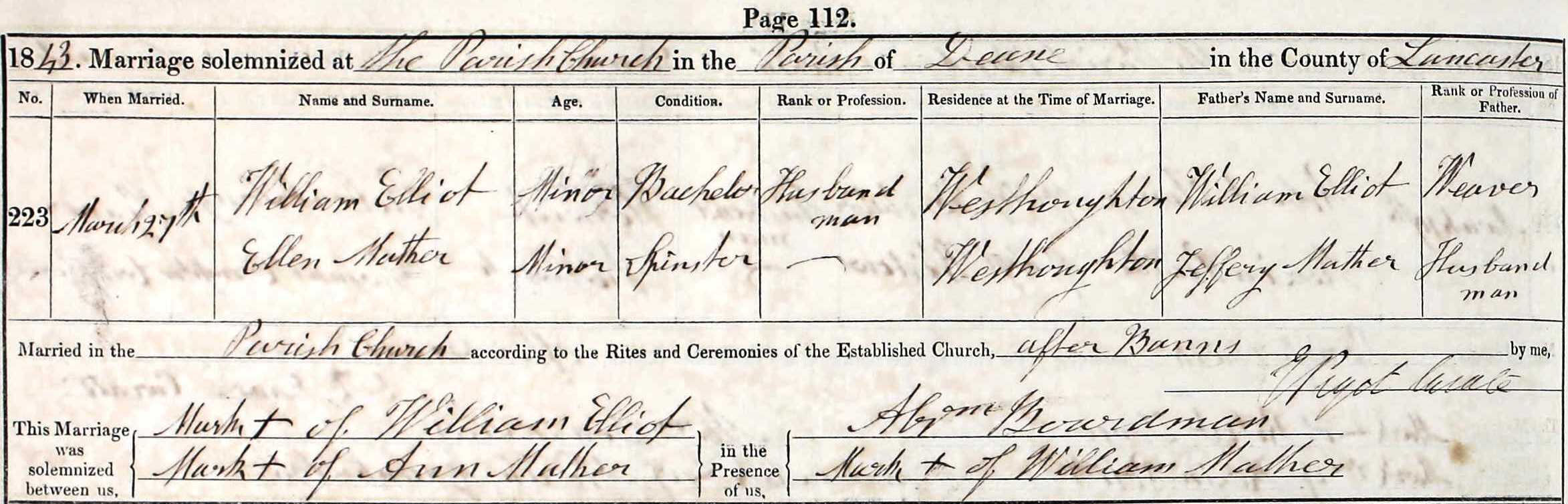 Taken on March 27th, 1843 and sourced from Certificate - Marriage.